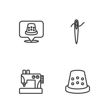 Set line Thimble for sewing, Sewing machine, and Needle with thread icon. Vector Stock Illustration