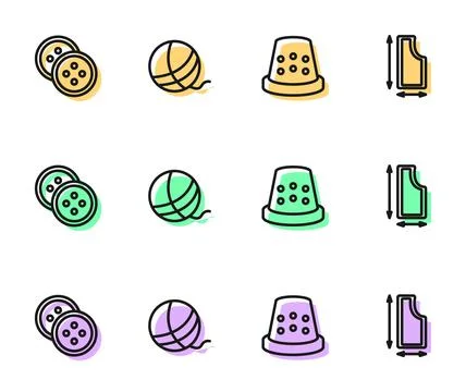 Set line Thimble for sewing, Sewing button clothes, Yarn ball and pattern ico Illustrazione stock