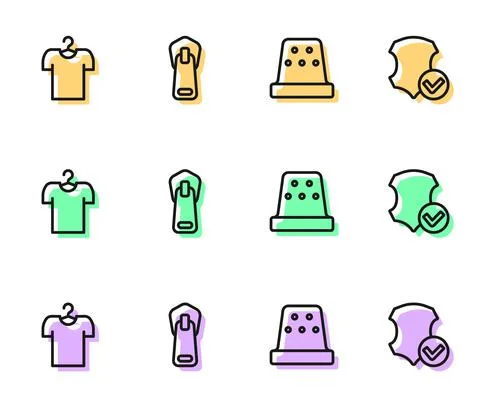 Set line Thimble for sewing, T-shirt on hanger, Zipper and Leather icon. Vector Illustrazione stock