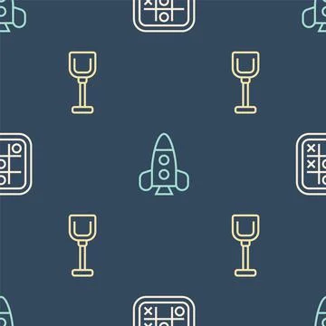 Set line Tic tac toe game, Shovel toy and Rocket ship on seamless pattern Stock Illustration