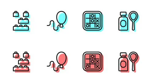 Set line Tic tac toe game, Toy building block bricks, Balloons and Soap bubbles Ilustración de archivo