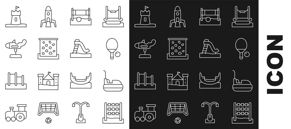 Set line Tic tac toe game, Bumper car, Racket and ball, Volleyball net with Ilustración de archivo