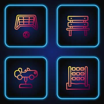 Set line Tic tac toe game, Swing car, Soccer goal with ball and Bench. Gradient Stock-Illustration