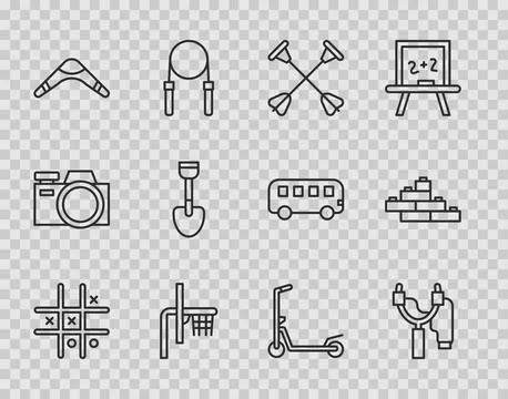 Set line Tic tac toe game, Slingshot, Arrow with sucker tip, Basketball Stock-Illustration
