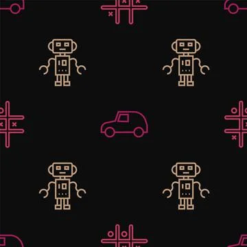 Set line Tic tac toe game, Robot toy and Toy car on seamless pattern. Vector Illustrazione stock