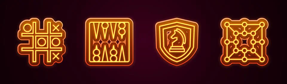 Set line Tic tac toe game, Backgammon board, Chess and Board. Glowing neon icon Stock Illustration