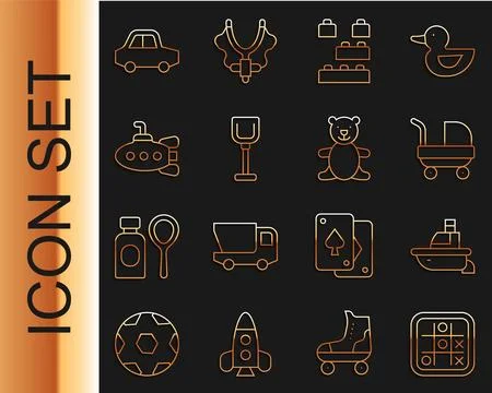 Set line Tic tac toe game, Toy boat, Baby stroller, building block bricks Ilustración de archivo