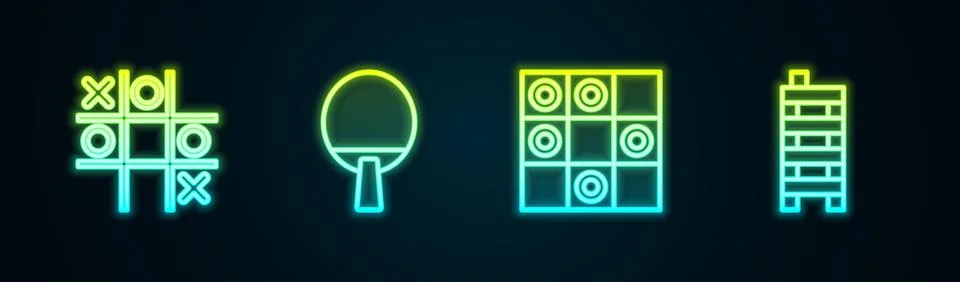 Set line Tic tac toe game, Racket, Board of checkers and Mahjong pieces. Gl.. Stock Illustration