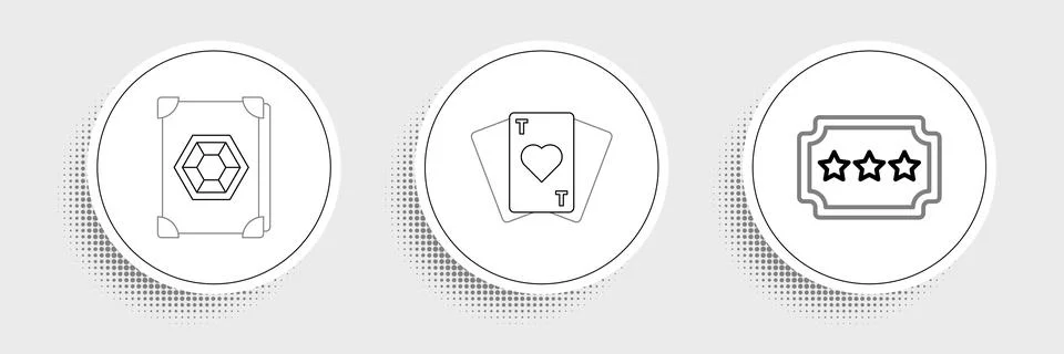 Set line Ticket, Ancient magic book and Playing cards icon. Vector Ilustração Stock