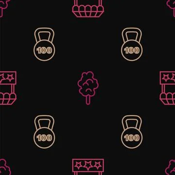 Set line Ticket box office, Weight and Cotton candy on seamless pattern. Vector Stock Illustration