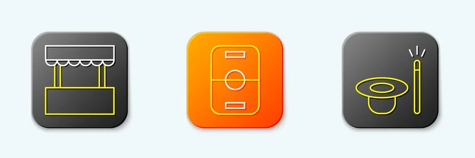 Set line Ticket box office, Hockey table and Magic hat and wand icon. Vector Stock Illustration