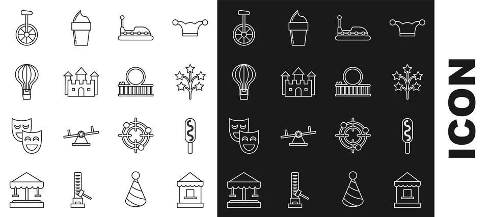 Set line Ticket box office, Corn dog, Fireworks, Bumper car, Castle, Hot ai.. Stock Illustration