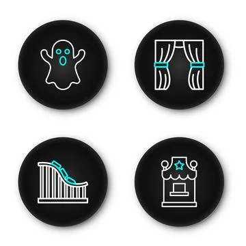 Set line Ticket box office, Roller coaster, Circus curtain raises and Ghost.. Stockillustratie