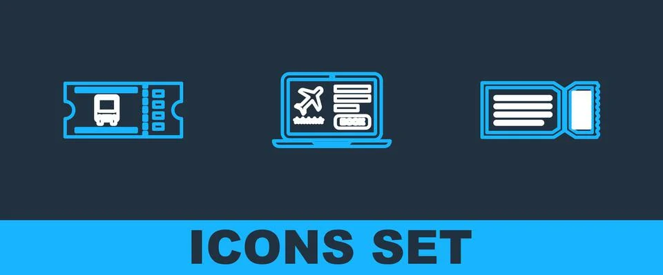 Set line Ticket, Bus ticket and Laptop with icon. Vector Ilustración de archivo