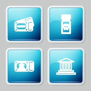 Set line Ticket, Bus ticket, Museum and building icon. Vector Ilustración de archivo