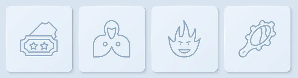 Set line Ticket, Fire flame, Mantle, cloak, cape and Magic hand mirror. White Stock Illustration