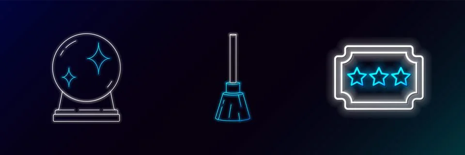 Set line Ticket, Magic ball and Witches broom icon. Glowing neon. Vector Stock Illustration