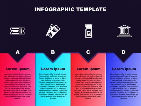 Set line Ticket, Museum ticket, Train and building. Business infographic Ilustración de archivo