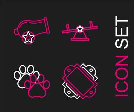Set line Ticket, Paw print, Seesaw and Cannon icon. Vector Stock Illustration