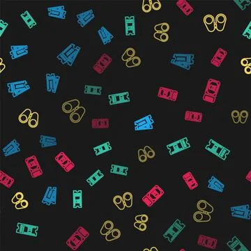 Set line Ticket, Train ticket, Binoculars and on seamless pattern. Vector Stock Illustration