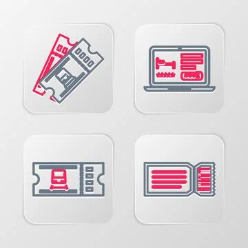 Set line Ticket, Train ticket, Online hotel booking and icon. Vector Illustrazione stock