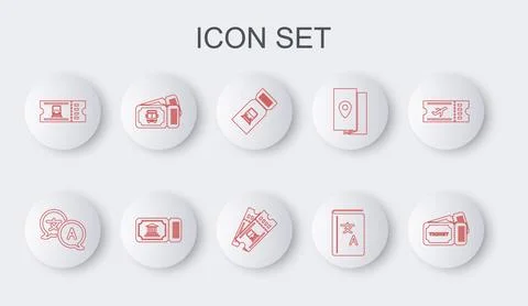 Set line Ticket, Translator, Train ticket, book, Bus, Museum and icon. Vector 스톡 일러스트
