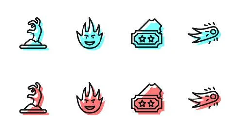 Set line Ticket, Zombie hand, Fire flame and Fireball icon. Vector 스톡 일러스트