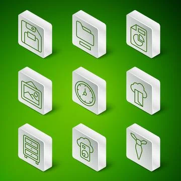 Set line Tie, Cloud database, Floppy disk, Clock, Picture landscape, Document Stock Illustration