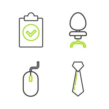 Set line Tie, Computer mouse, Office chair and Completed task icon. Vector Illustrazione stock