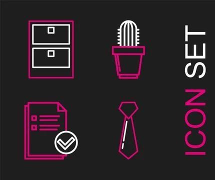 Set line Tie, Document and check mark, Cactus succulent in pot and Archive .. Stock Illustration