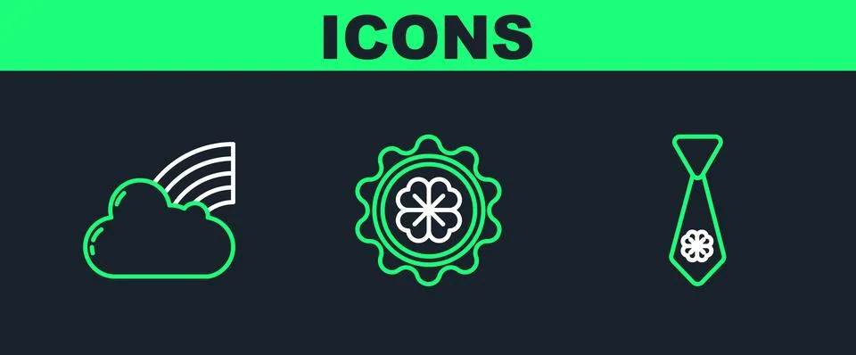 Set line Tie with four leaf clover, Rainbow cloud and Bottle cap icon. Vector Stock Illustration