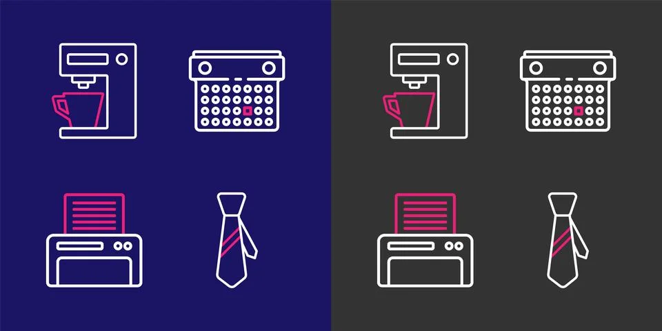 Set line Tie, Printer, Calendar and Coffee machine icon. Vector イラスト素材