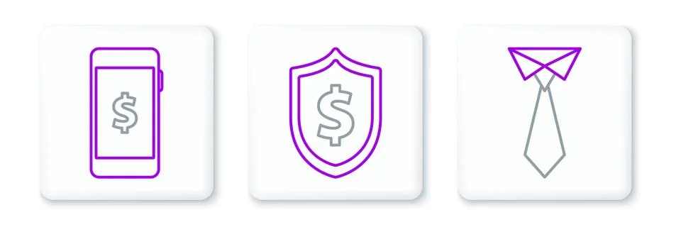 Set line Tie, Smartphone with dollar symbol and Shield icon. Vector Stock-Illustration