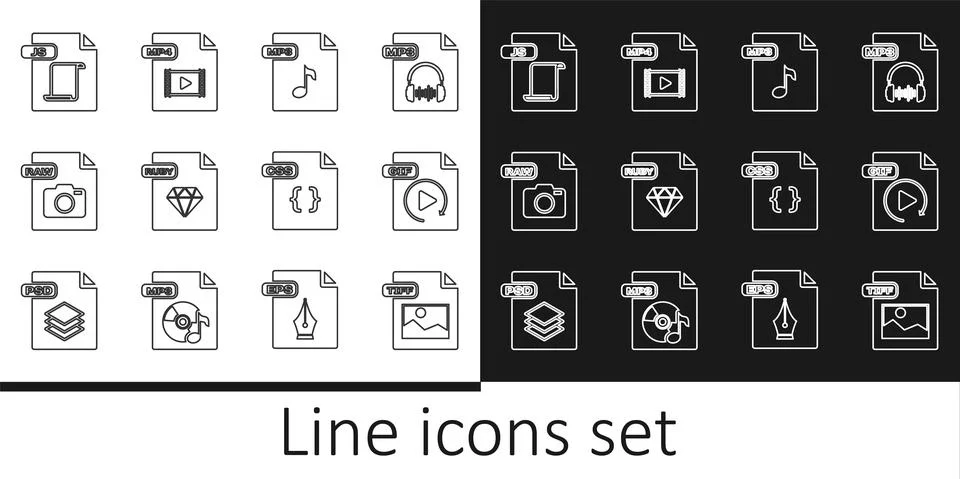 Set line TIFF file document, GIF, MP3, RUBY, RAW, JS, CSS and MP4 icon. Vector イラスト素材