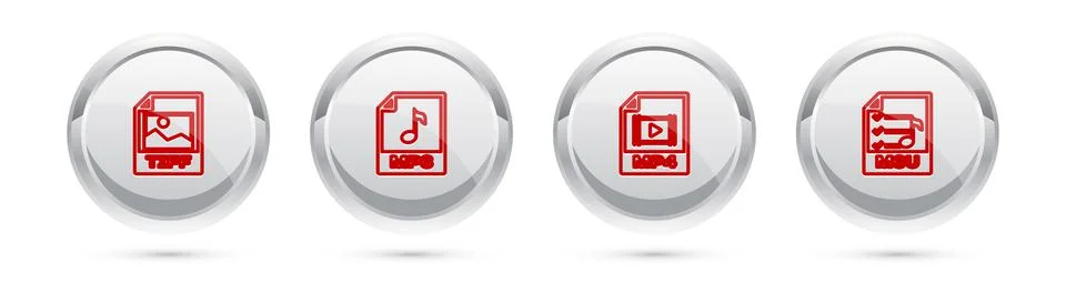 Set line TIFF file document, MP3, MP4 and M3U. Silver circle button. Vector Stock Illustration