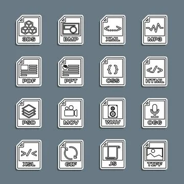 Set line TIFF file document, OGG, HTML, XML, PPT, PDF, 3DS and CSS icon. Vector Stock Illustration