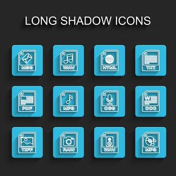 Set line TIFF file document, RAW, MSG, WAV, MP3, DOC and OGG icon. Vector Stock Illustration