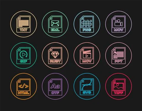 Set line TIFF file document, PPT, PNG, RUBY, GIF, TXT, MOV and EML icon. Vector Stock Illustration