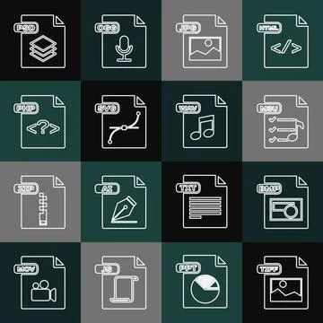 Set line TIFF file document, BMP, M3U, JPG, SVG, PHP, PSD and WAV icon. Vector イラスト素材