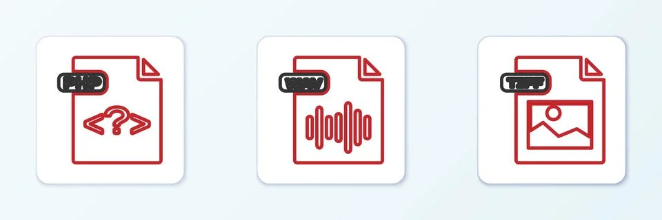 Set line TIFF file document, PHP and WAV icon. Vector Illustrazione stock