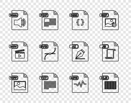Set line TIFF file document, XLS, CSS, TXT, WMA, SVG, MP3 and JS icon. Vector Stock Illustration