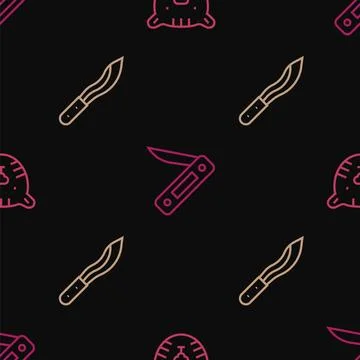 Set line Tiger head, Machete and Swiss army knife on seamless pattern. Vector Stock Illustration