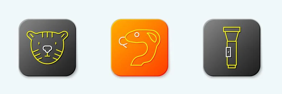 Set line Tiger head, Snake and Flashlight icon. Vector Illustrazione stock