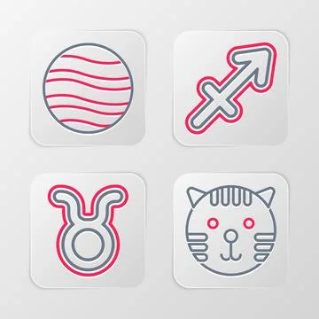 Set line Tiger zodiac, Taurus, Sagittarius and Planet Jupiter icon. Vector Stock Illustration