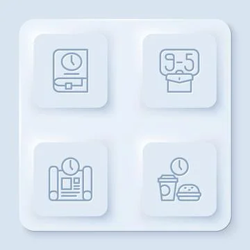 Set line Time for book, From 9, Project time plan and Fast food. White square Ilustración de archivo