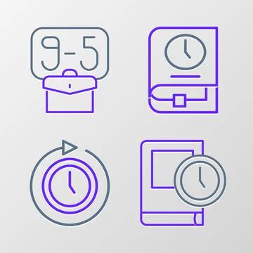 Set line Time for book, Clock with arrow,  and From 9 icon. Vector Stock Illustration