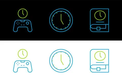 Set line Time for book, Gamepad of time and Clock icon. Vector Stock Illustration