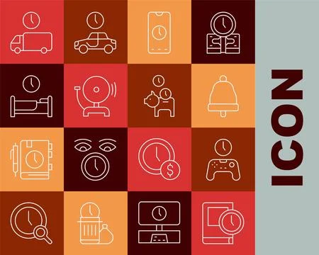 Set line Time for book, Gamepad of time, Ringing bell, Alarm clock app mobi.. Stock Illustration