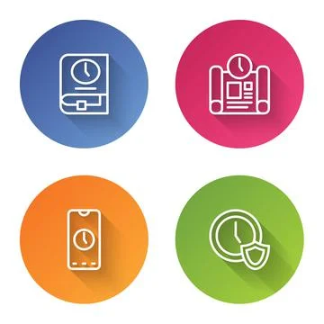 Set line Time for book, Project time plan, Alarm clock app mobile and Clock with Ilustración de archivo
