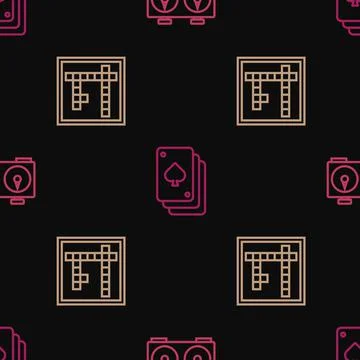 Set line Time chess clock, Bingo and Playing cards on seamless pattern. Vector Stock Illustration